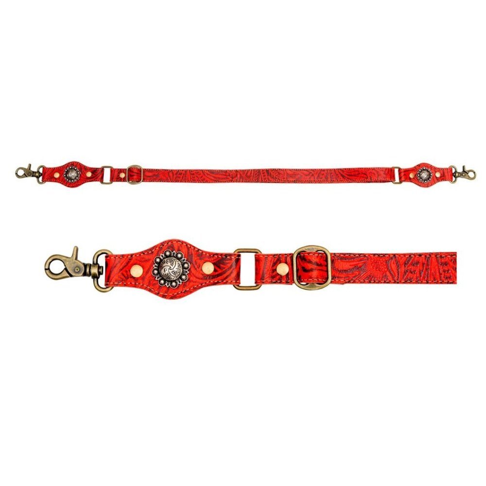 MYRA BAG Ramize Red Floral Embossed‎ Leather & Concho Adjustable Western Strap